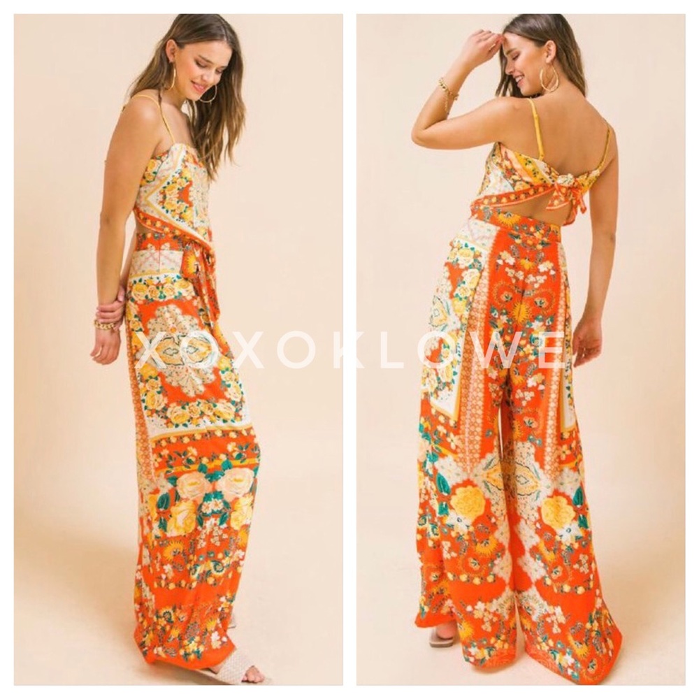 Orange Boho Print Two Piece Set Handkerchief Top Wide Leg Pants